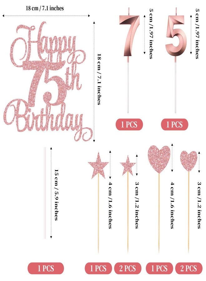 Lecferrarc 75th Birthday Cake Decorations, 75th Birthday Candles Cake Numeral Candles and Glitter Happy 75th Birthday Cake Toppers Set for Birthday Party Supplies (Rose Gold) - Image 2